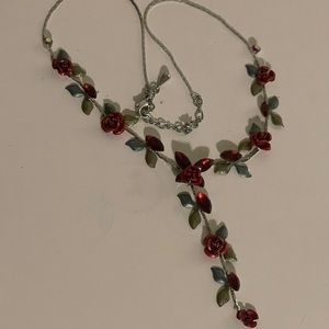 Beautiful Vintage Red Rose and Green Leaf Necklace